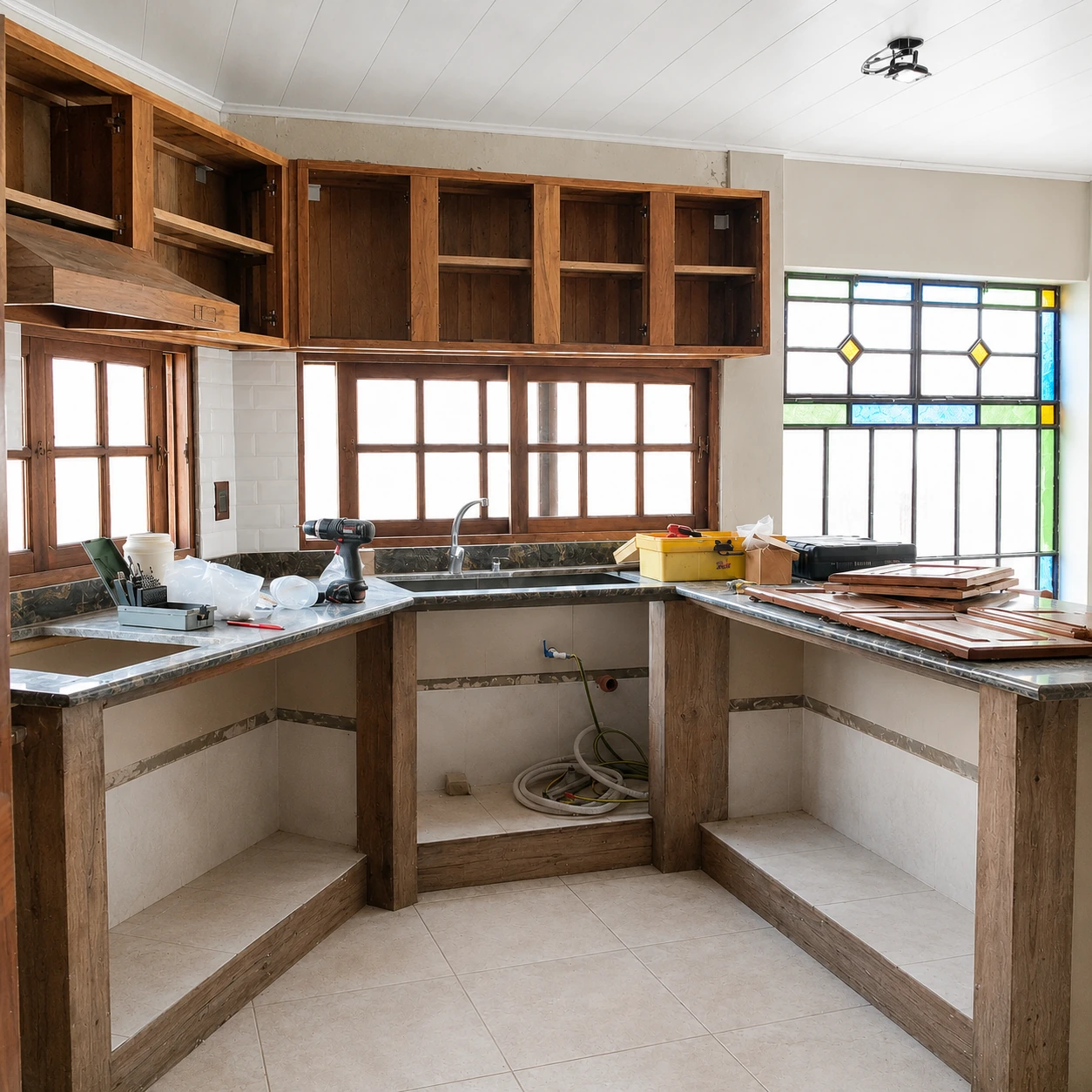 Cocina en U durante el proceso de instalación